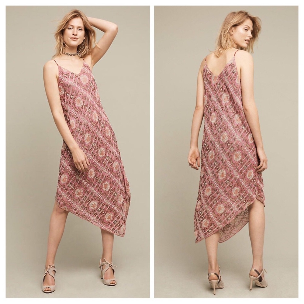 Anthropologie Pink and White Asymmetrical Sundress